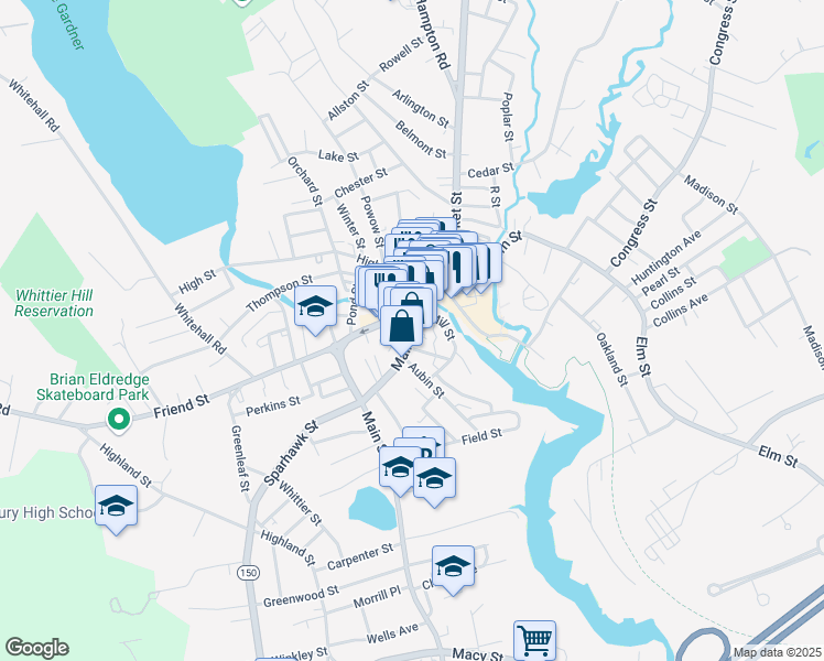 map of restaurants, bars, coffee shops, grocery stores, and more near 75 Main Street in Amesbury