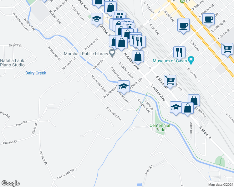 map of restaurants, bars, coffee shops, grocery stores, and more near 736 West Benton Street in Pocatello
