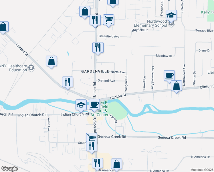 map of restaurants, bars, coffee shops, grocery stores, and more near 44 Kron Avenue in West Seneca