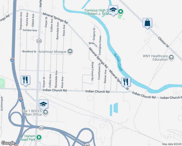 map of restaurants, bars, coffee shops, grocery stores, and more near 12 Deerchase Road in Buffalo