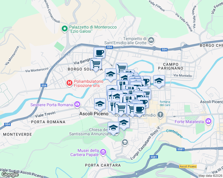 map of restaurants, bars, coffee shops, grocery stores, and more near 13 Via d'Apollo in Ascoli Piceno