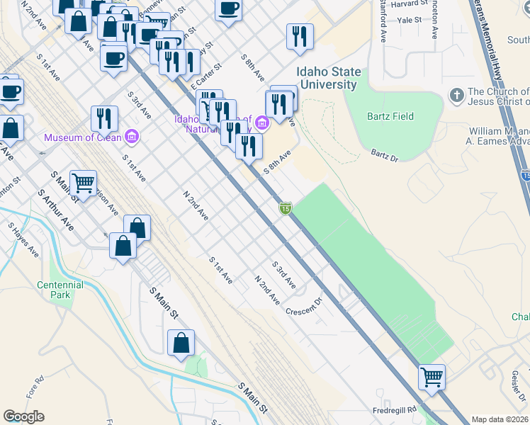 map of restaurants, bars, coffee shops, grocery stores, and more near 1317 South 4th Avenue in Pocatello