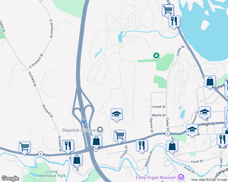 map of restaurants, bars, coffee shops, grocery stores, and more near 69 Burgess Way in Brattleboro