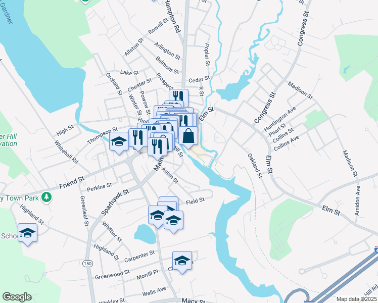 map of restaurants, bars, coffee shops, grocery stores, and more near 9 Water Street in Amesbury