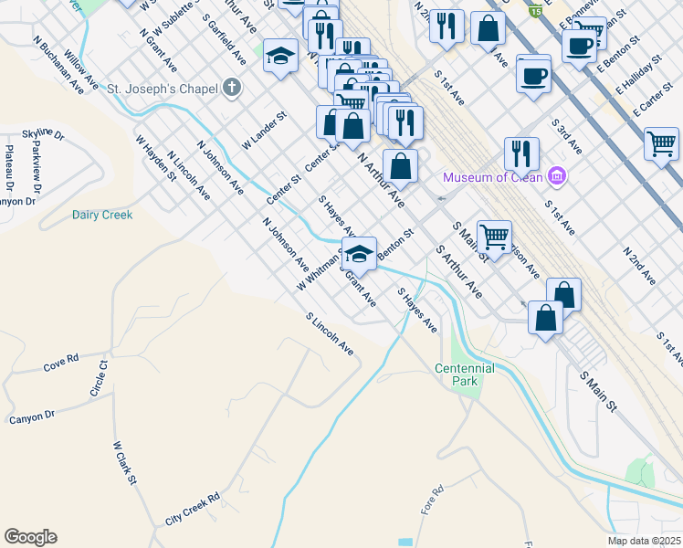 map of restaurants, bars, coffee shops, grocery stores, and more near 435 South Grant Avenue in Pocatello