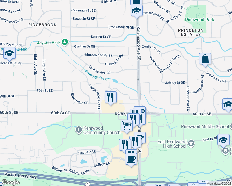 map of restaurants, bars, coffee shops, grocery stores, and more near 1480 Hidden Valley Drive Southeast in Kentwood
