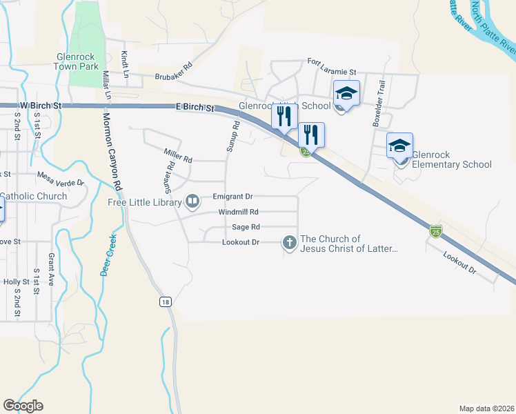 map of restaurants, bars, coffee shops, grocery stores, and more near 515-519 Windmill Road in Glenrock