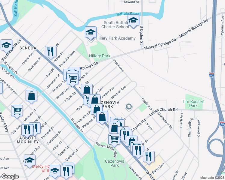 map of restaurants, bars, coffee shops, grocery stores, and more near 99 Kamper Avenue in Buffalo