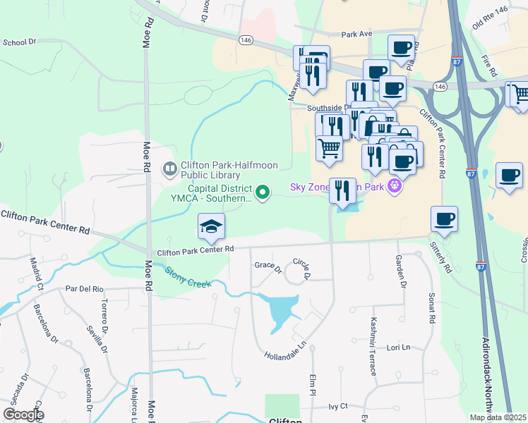 map of restaurants, bars, coffee shops, grocery stores, and more near 1 Wall St in Saratoga