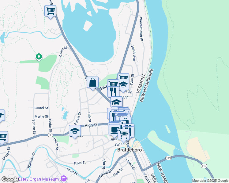 map of restaurants, bars, coffee shops, grocery stores, and more near 15 Putney Road in Brattleboro