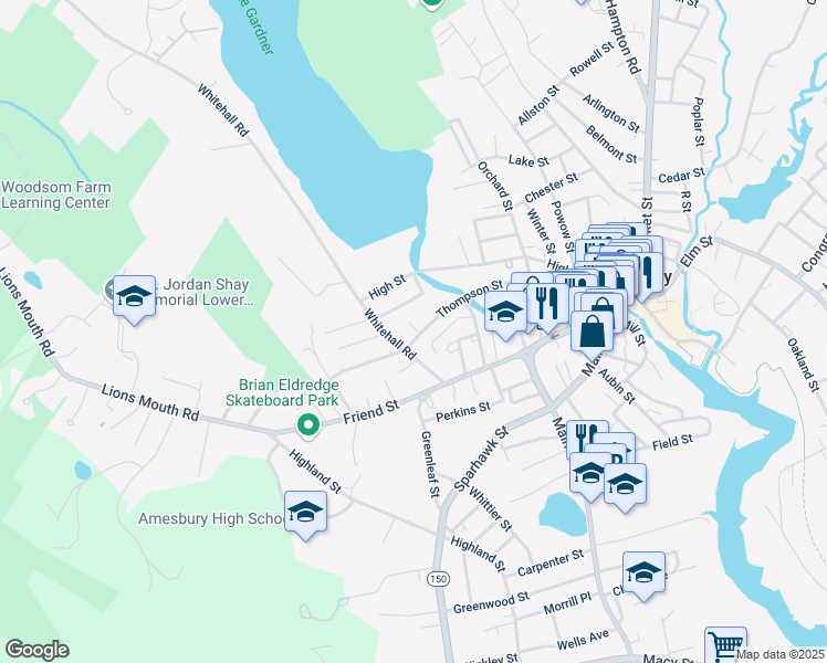 map of restaurants, bars, coffee shops, grocery stores, and more near 64 Thompson Street in Amesbury