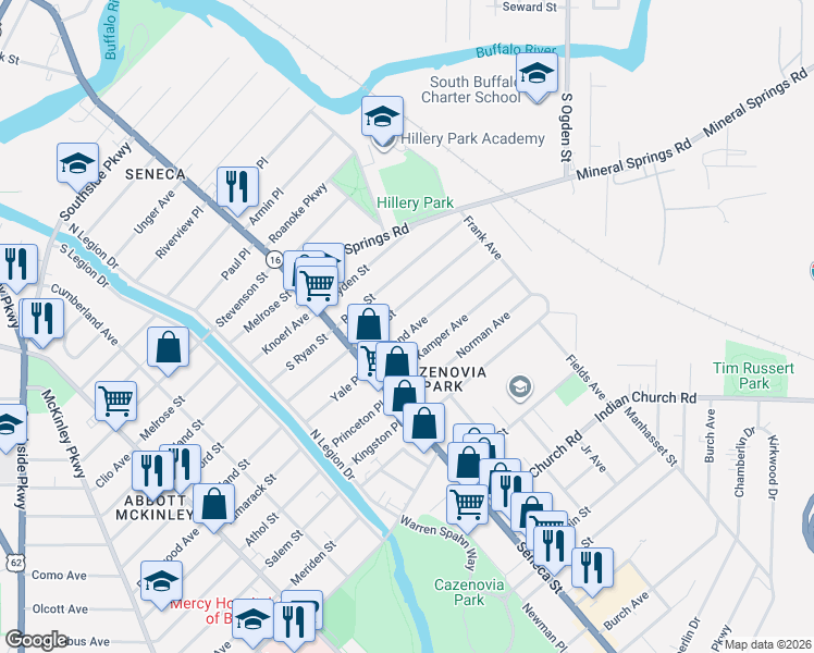 map of restaurants, bars, coffee shops, grocery stores, and more near 47 Weyand Avenue in Buffalo