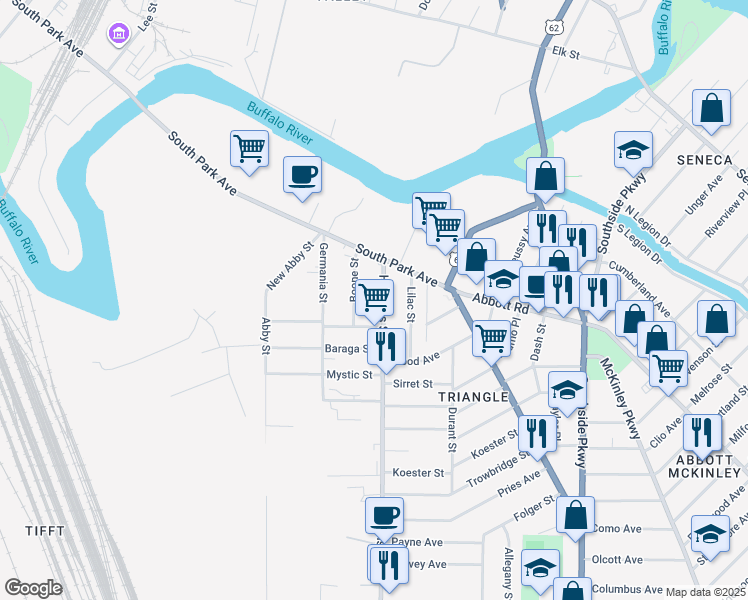 map of restaurants, bars, coffee shops, grocery stores, and more near 694 Hopkins Street in Buffalo