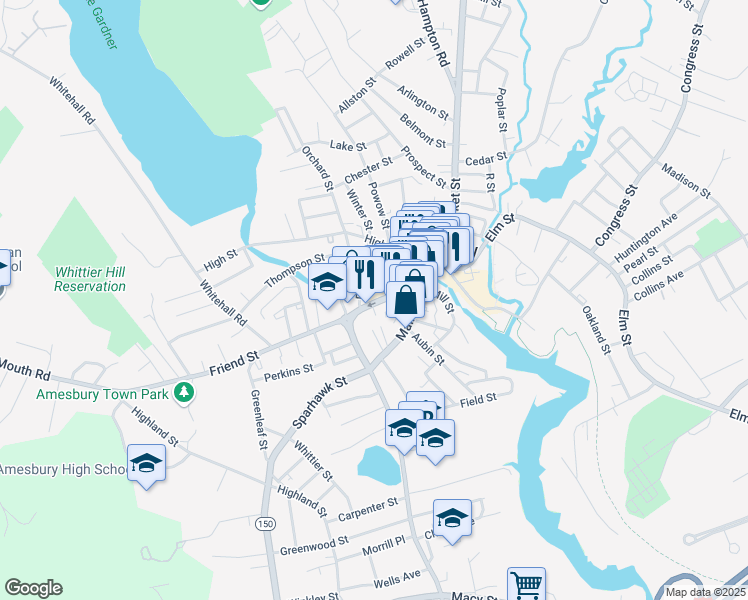 map of restaurants, bars, coffee shops, grocery stores, and more near 47 Friend Street in Amesbury