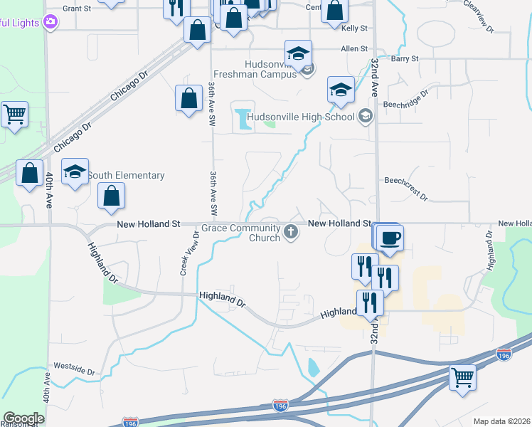 map of restaurants, bars, coffee shops, grocery stores, and more near 3405 Brookview Court in Hudsonville