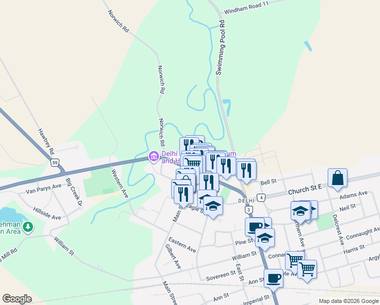 map of restaurants, bars, coffee shops, grocery stores, and more near 135 King Street in Delhi
