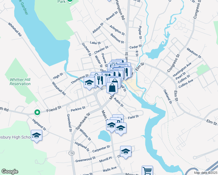 map of restaurants, bars, coffee shops, grocery stores, and more near 36 Friend Street in Amesbury