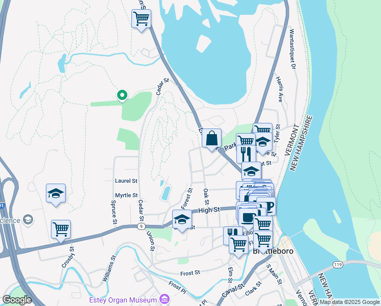 map of restaurants, bars, coffee shops, grocery stores, and more near 139 Forest Street in Brattleboro