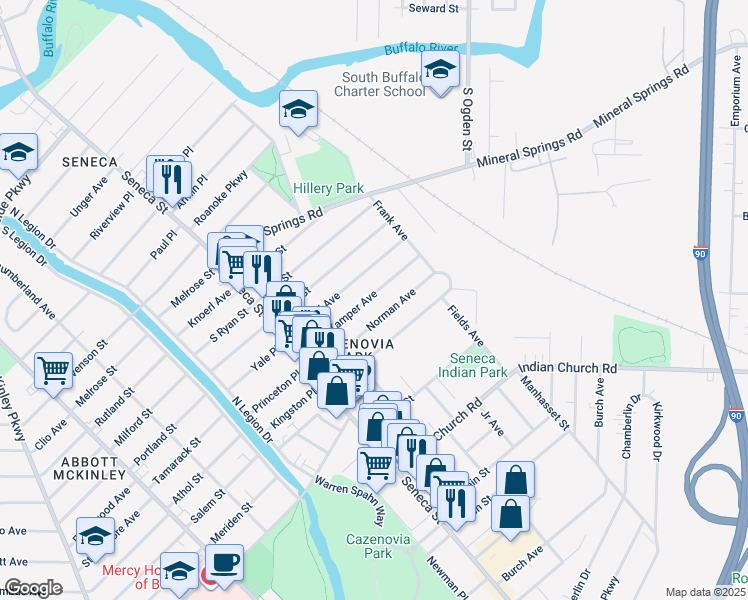 map of restaurants, bars, coffee shops, grocery stores, and more near 105 Kamper Avenue in Buffalo