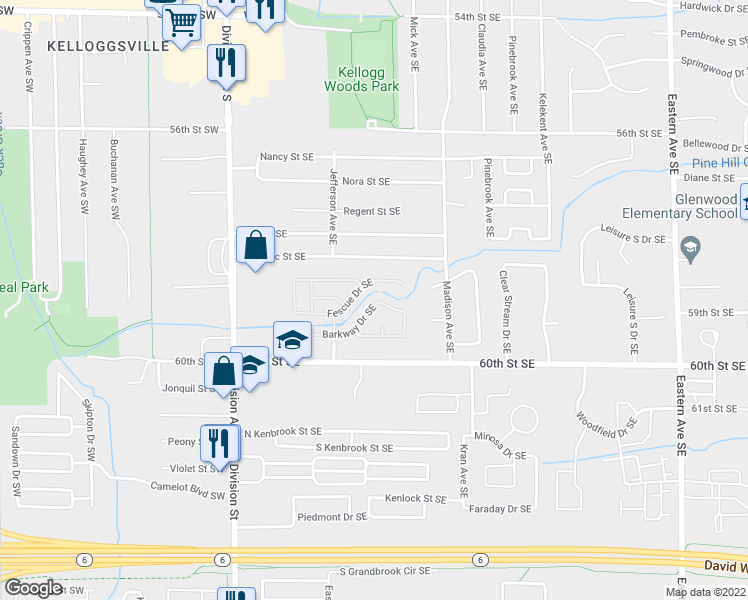 map of restaurants, bars, coffee shops, grocery stores, and more near 285 Barkway Drive Southeast in Kentwood