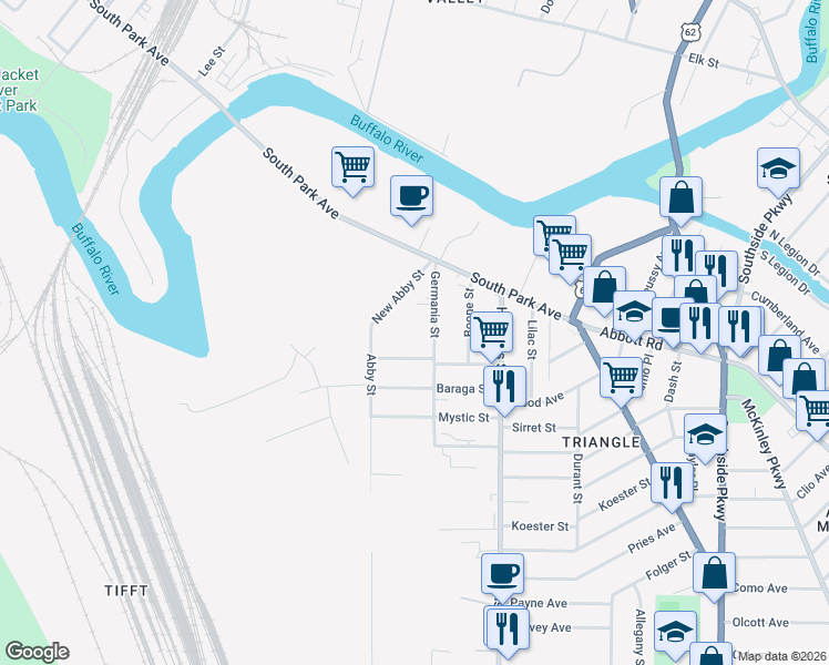 map of restaurants, bars, coffee shops, grocery stores, and more near 66 Amelia Street in Buffalo