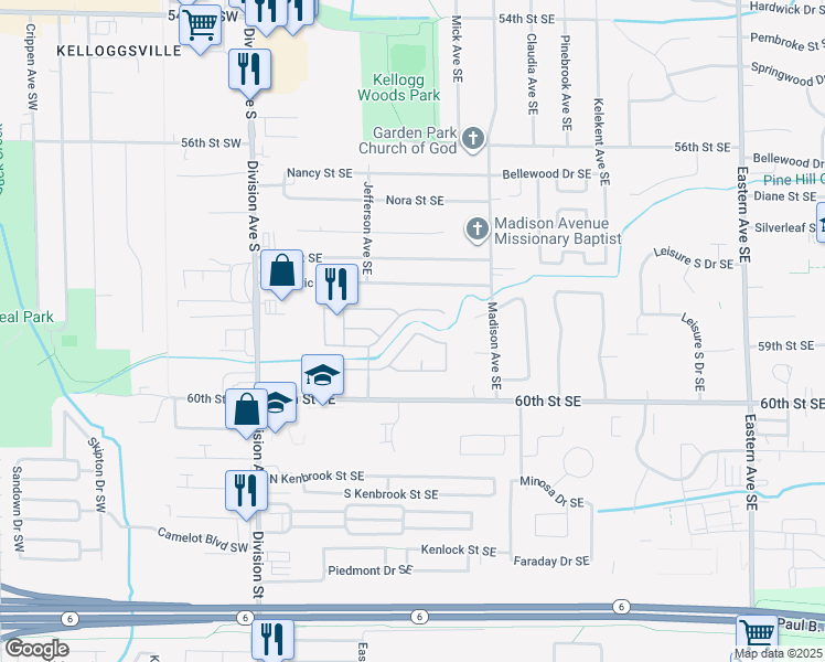 map of restaurants, bars, coffee shops, grocery stores, and more near 284 Barkway Drive Southeast in Kentwood