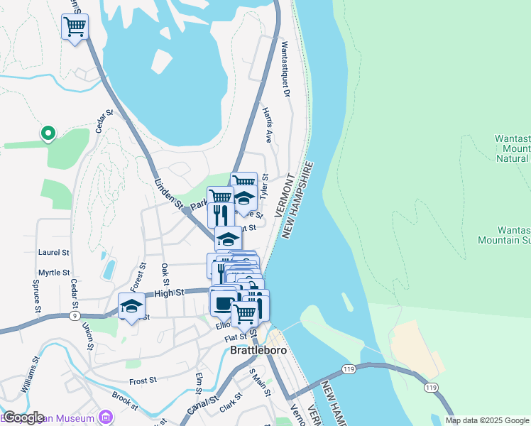 map of restaurants, bars, coffee shops, grocery stores, and more near 70 Terrace Street in Brattleboro