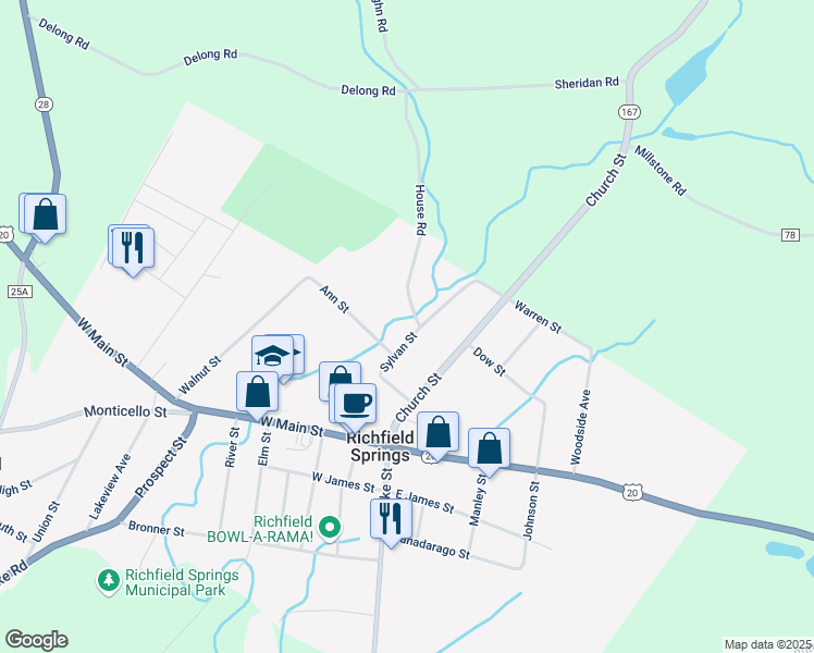 map of restaurants, bars, coffee shops, grocery stores, and more near 19 Sylvan Street in Richfield Springs