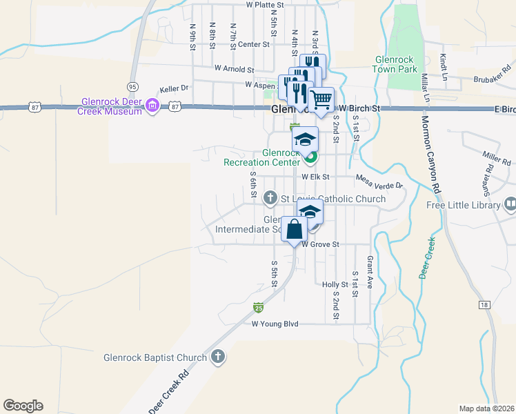 map of restaurants, bars, coffee shops, grocery stores, and more near 517 West Fir Street in Glenrock