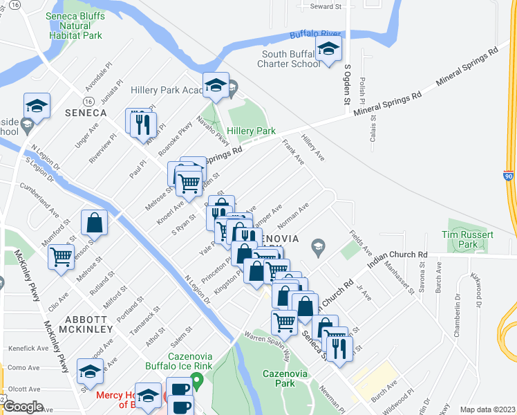 map of restaurants, bars, coffee shops, grocery stores, and more near 73 Weyand Avenue in Buffalo