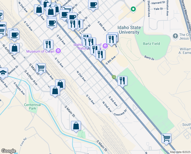 map of restaurants, bars, coffee shops, grocery stores, and more near 1247 South 3rd Avenue in Pocatello