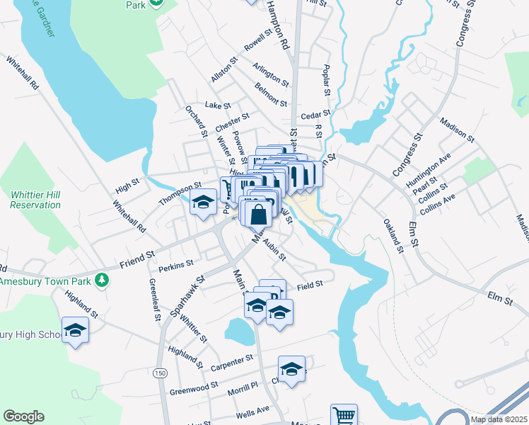 map of restaurants, bars, coffee shops, grocery stores, and more near 11 1/2 Mill Street in Amesbury