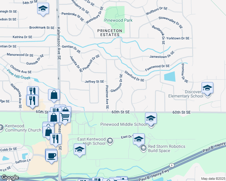 map of restaurants, bars, coffee shops, grocery stores, and more near 5876 Glenmoor Drive Southeast in Kentwood