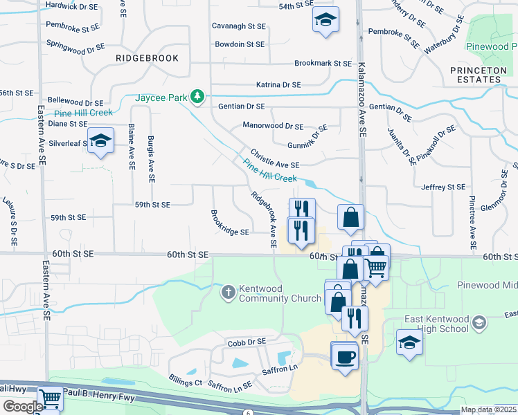 map of restaurants, bars, coffee shops, grocery stores, and more near 5865 Ridgebrook Avenue Southeast in Kentwood