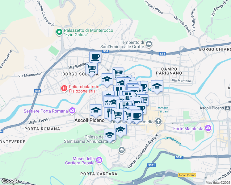 map of restaurants, bars, coffee shops, grocery stores, and more near 13 Via d'Apollo in Ascoli Piceno