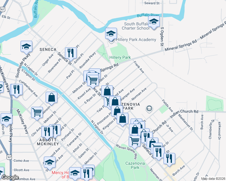 map of restaurants, bars, coffee shops, grocery stores, and more near 47 Weyand Avenue in Buffalo