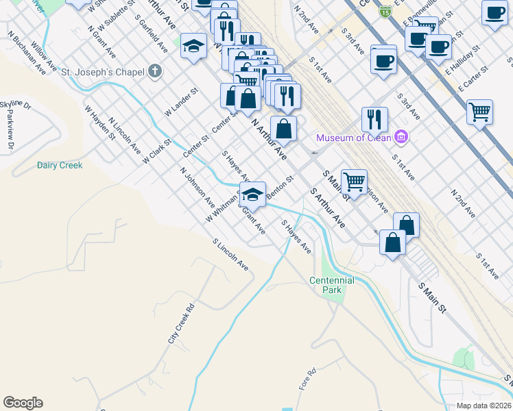 map of restaurants, bars, coffee shops, grocery stores, and more near 526 South Grant Avenue in Pocatello