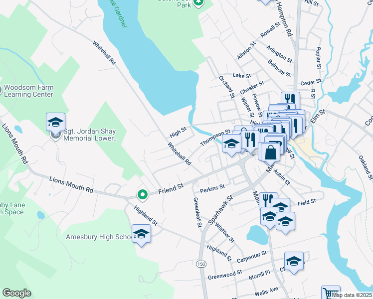 map of restaurants, bars, coffee shops, grocery stores, and more near 64 Thompson Street in Amesbury