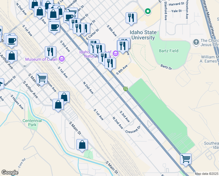 map of restaurants, bars, coffee shops, grocery stores, and more near 1317 South 4th Avenue in Pocatello