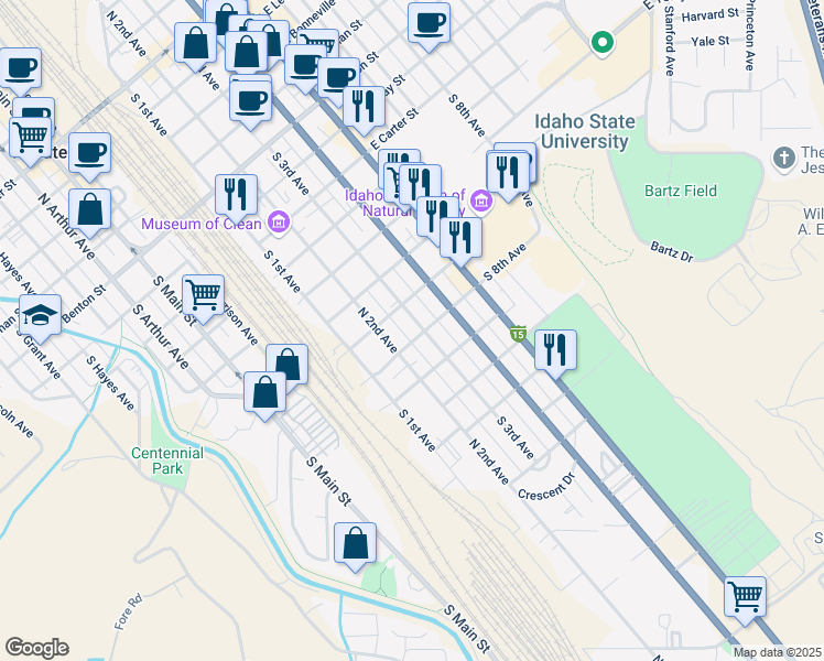 map of restaurants, bars, coffee shops, grocery stores, and more near 306 East Humbolt Street in Pocatello