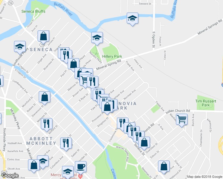 map of restaurants, bars, coffee shops, grocery stores, and more near 47 Weyand Avenue in Buffalo