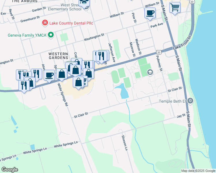 map of restaurants, bars, coffee shops, grocery stores, and more near 283 Hamilton Street in Geneva
