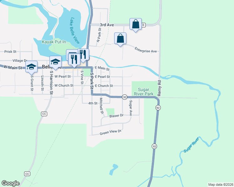 map of restaurants, bars, coffee shops, grocery stores, and more near 330 East School Street in Belleville