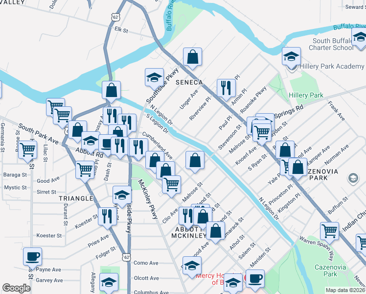 map of restaurants, bars, coffee shops, grocery stores, and more near 81 Mumford Street in Buffalo