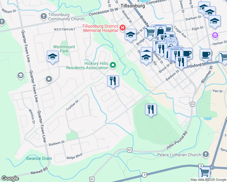 map of restaurants, bars, coffee shops, grocery stores, and more near 21 Wilson Avenue in Tillsonburg