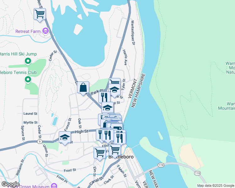 map of restaurants, bars, coffee shops, grocery stores, and more near 48 Walnut Street in Brattleboro
