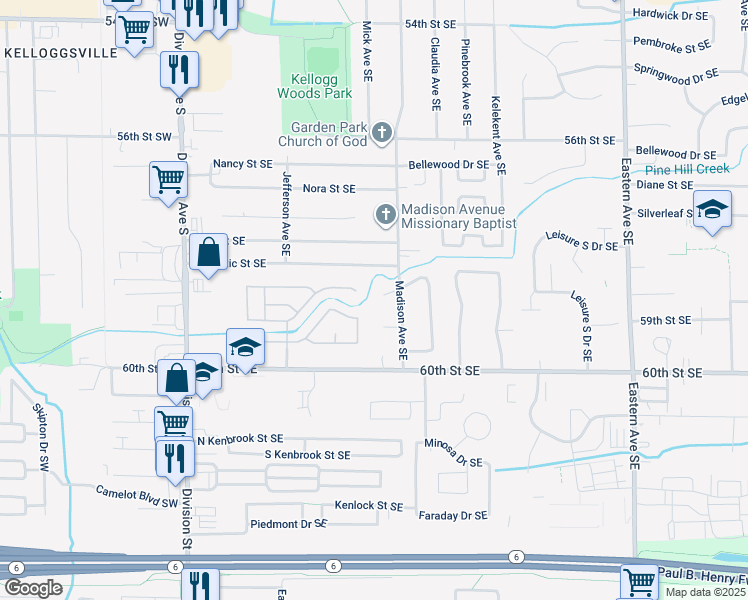 map of restaurants, bars, coffee shops, grocery stores, and more near 5916 Fireside Drive Southeast in Kentwood