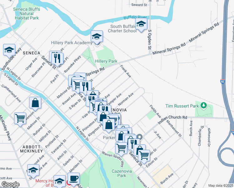 map of restaurants, bars, coffee shops, grocery stores, and more near 79 Kamper Avenue in Buffalo