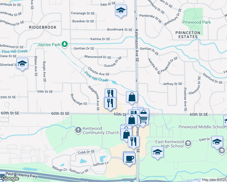 map of restaurants, bars, coffee shops, grocery stores, and more near 1403 60th Street Southeast in Kentwood
