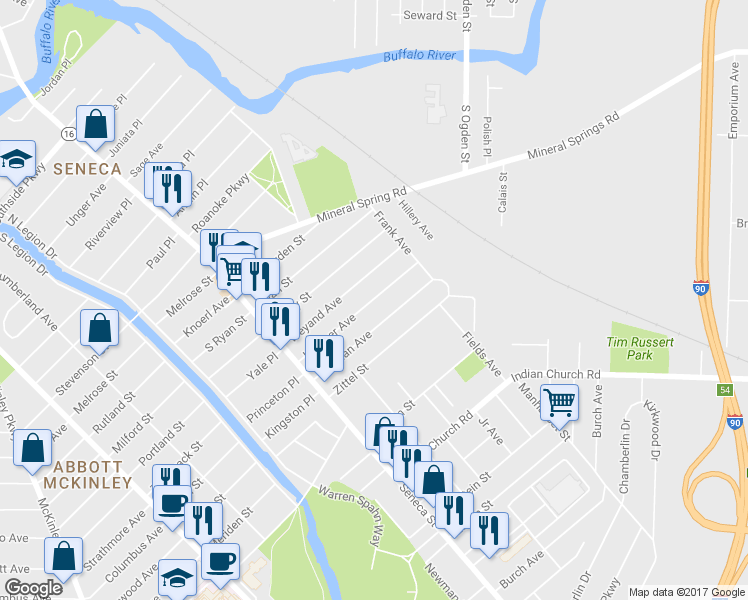 map of restaurants, bars, coffee shops, grocery stores, and more near 114 Kamper Avenue in Buffalo